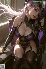 A woman in a purple outfit sitting on a window sill.