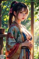 A woman in a kimono standing on a balcony.