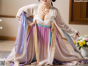 A woman in a pink and purple hanbok is posing for a picture.